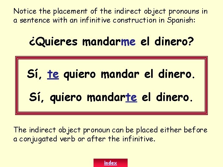 Notice the placement of the indirect object pronouns in a sentence with an infinitive