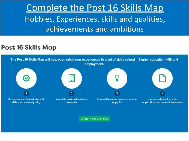 Complete the Post 16 Skills Map Hobbies, Experiences, skills and qualities, achievements and ambitions