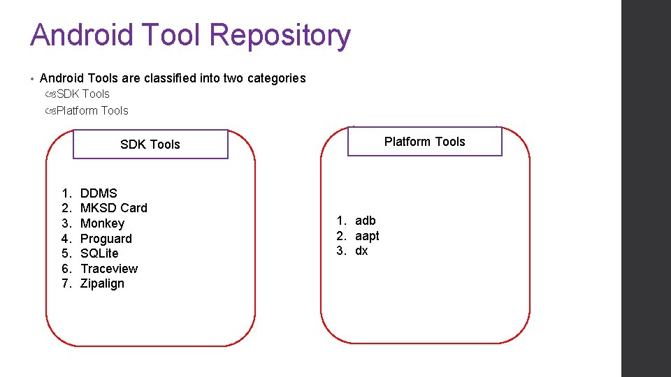 Android Tool Repository • Android Tools are classified into two categories SDK Tools Platform