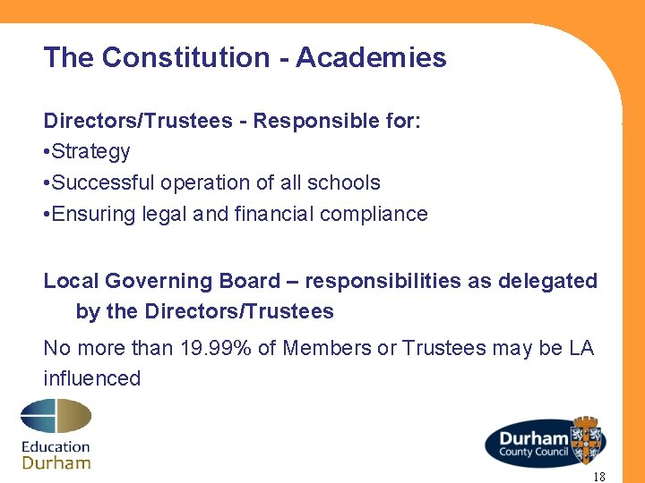 The Constitution - Academies Directors/Trustees - Responsible for: • Strategy • Successful operation of