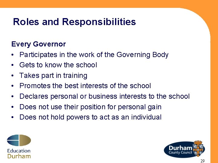 Roles and Responsibilities Every Governor • Participates in the work of the Governing Body