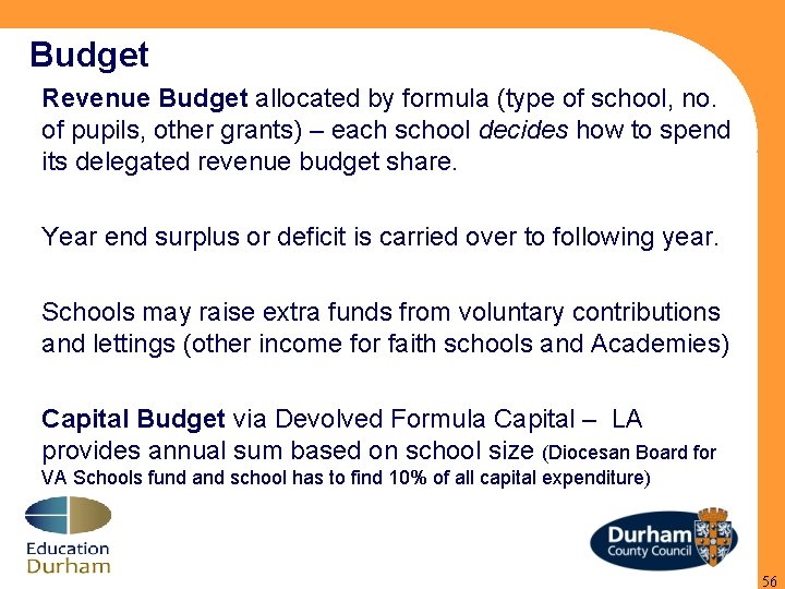 Budget Revenue Budget allocated by formula (type of school, no. of pupils, other grants)