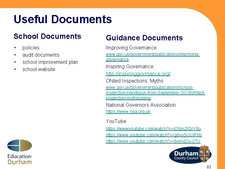 Useful Documents School Documents Guidance Documents • • Improving Governance policies audit documents school