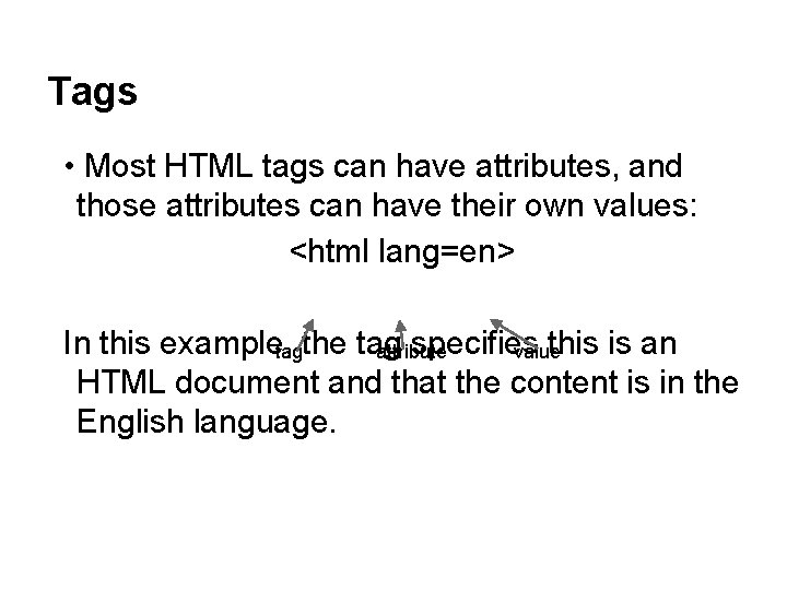 Tags • Most HTML tags can have attributes, and those attributes can have their
