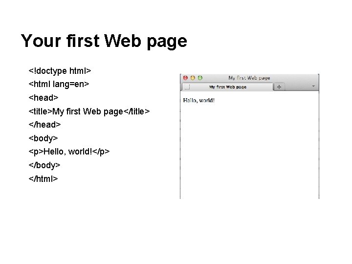 Your first Web page <!doctype html> <html lang=en> <head> <title>My first Web page</title> </head>