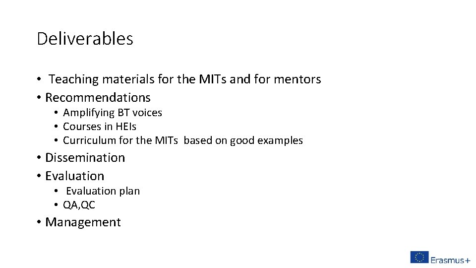 Deliverables • Teaching materials for the MITs and for mentors • Recommendations • Amplifying