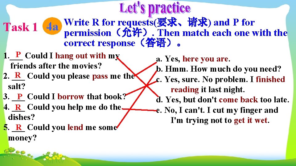 Task 1 4 a Write R for requests(要求、请求) and P for permission（允许）. Then match