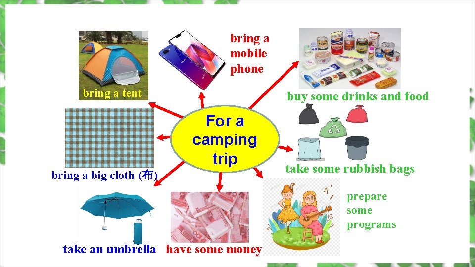 bring a mobile phone bring a tent buy some drinks and food For a