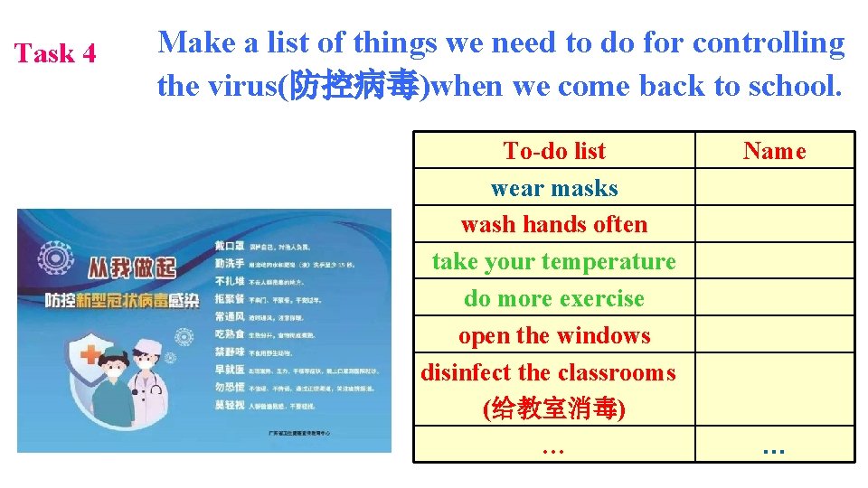 Task 4 Make a list of things we need to do for controlling the