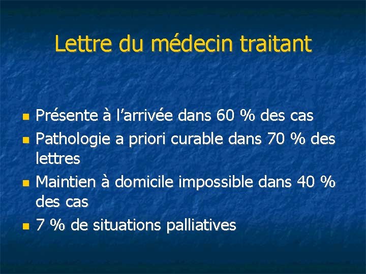 Lettre du médecin traitant Présente à l’arrivée dans 60 % des cas Pathologie a