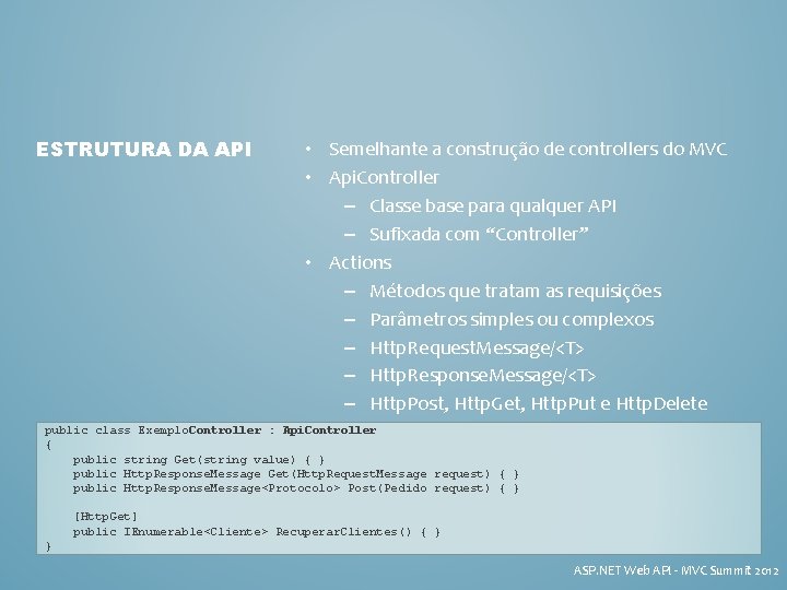 ESTRUTURA DA API • Semelhante a construção de controllers do MVC • Api. Controller