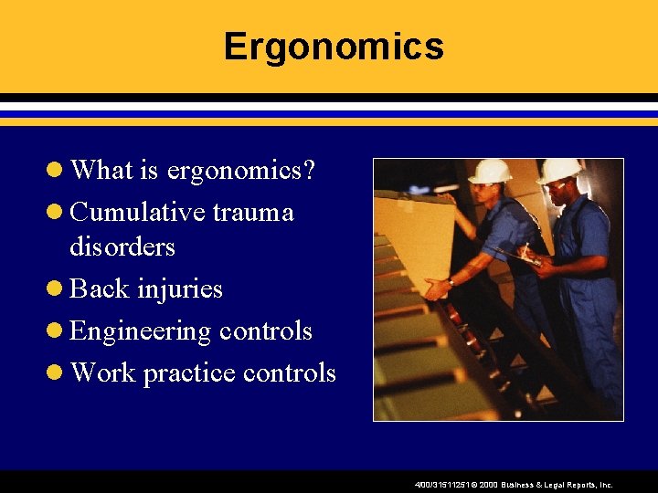 Ergonomics l What is ergonomics? l Cumulative trauma disorders l Back injuries l Engineering