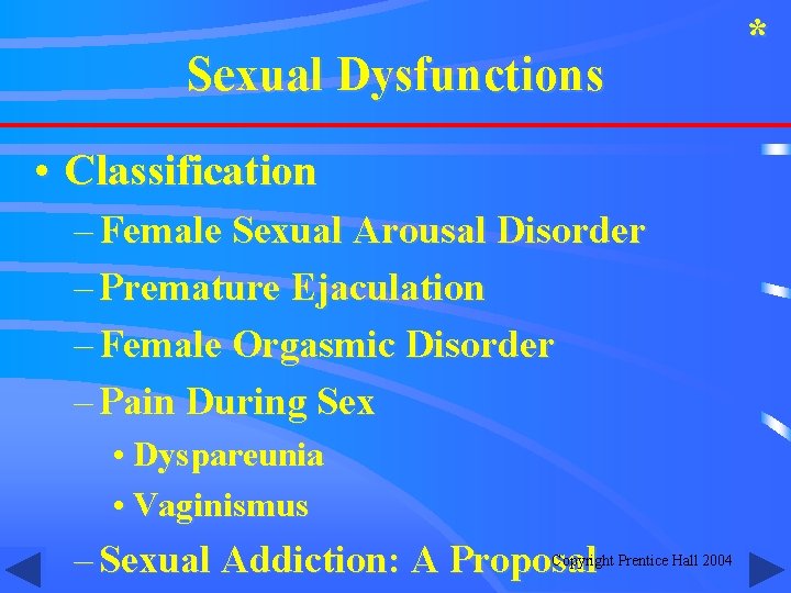 Sexual Dysfunctions • Classification – Female Sexual Arousal Disorder – Premature Ejaculation – Female