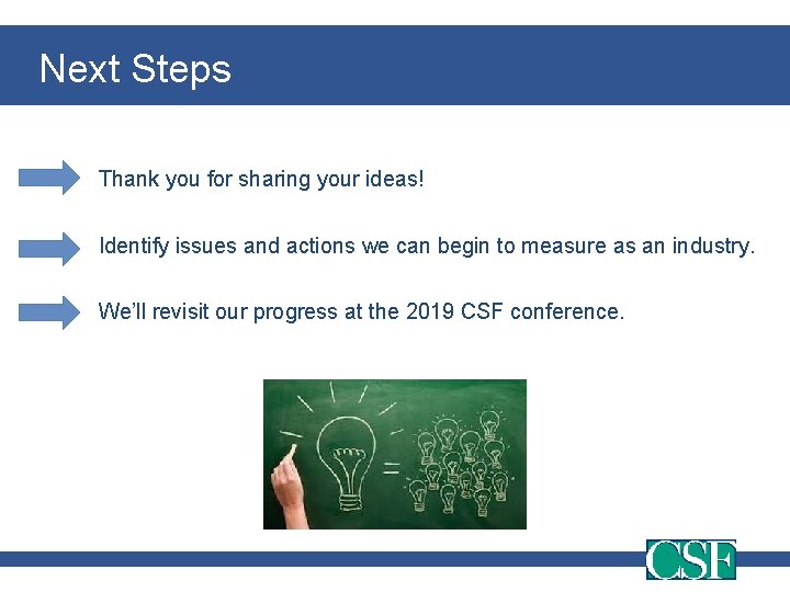 Next Steps Thank you for sharing your ideas! Identify issues and actions we can