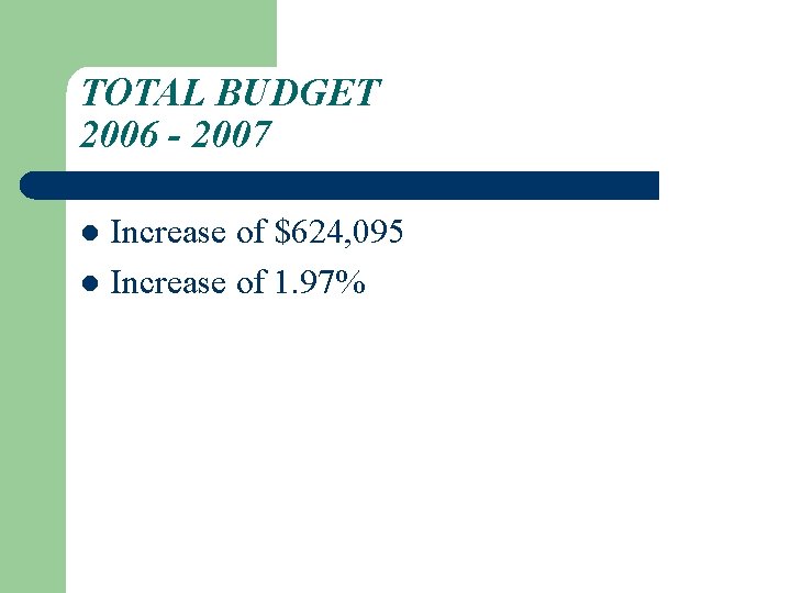 TOTAL BUDGET 2006 - 2007 Increase of $624, 095 l Increase of 1. 97%