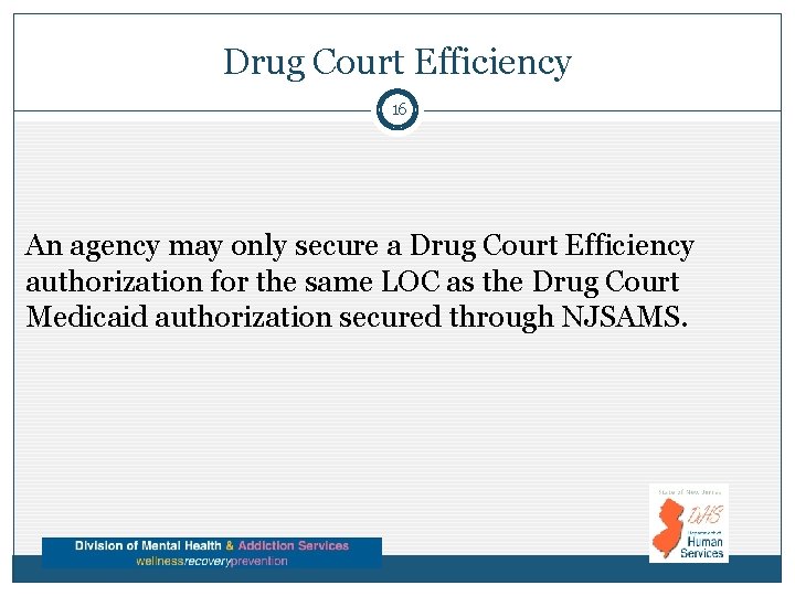 Drug Court Efficiency 16 An agency may only secure a Drug Court Efficiency authorization