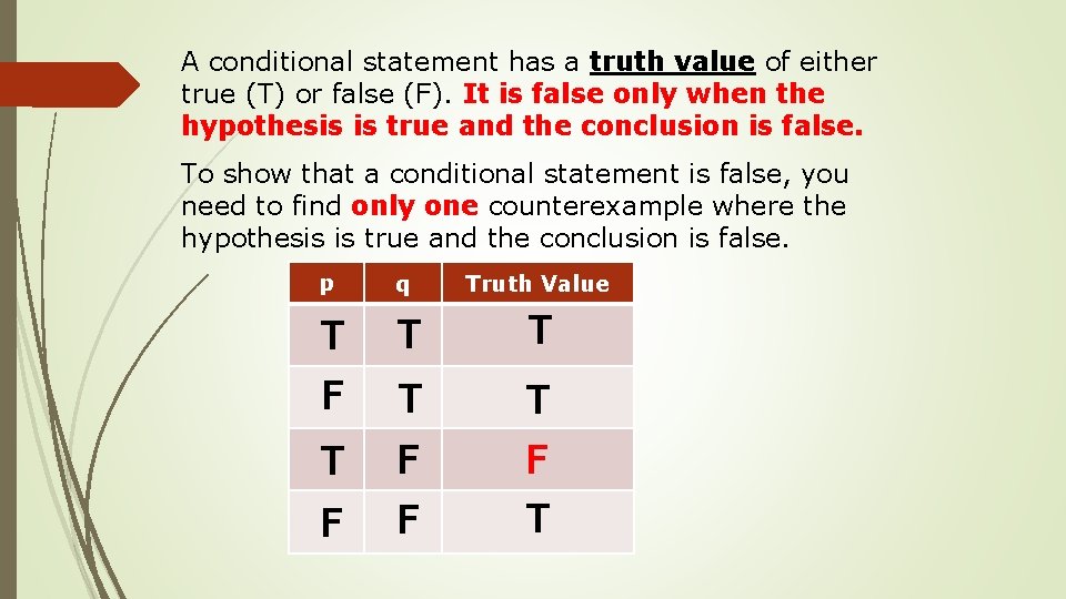 A conditional statement has a truth value of either true (T) or false (F).