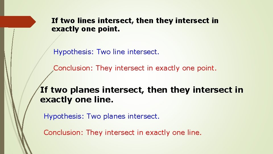If two lines intersect, then they intersect in exactly one point. Hypothesis: Two line