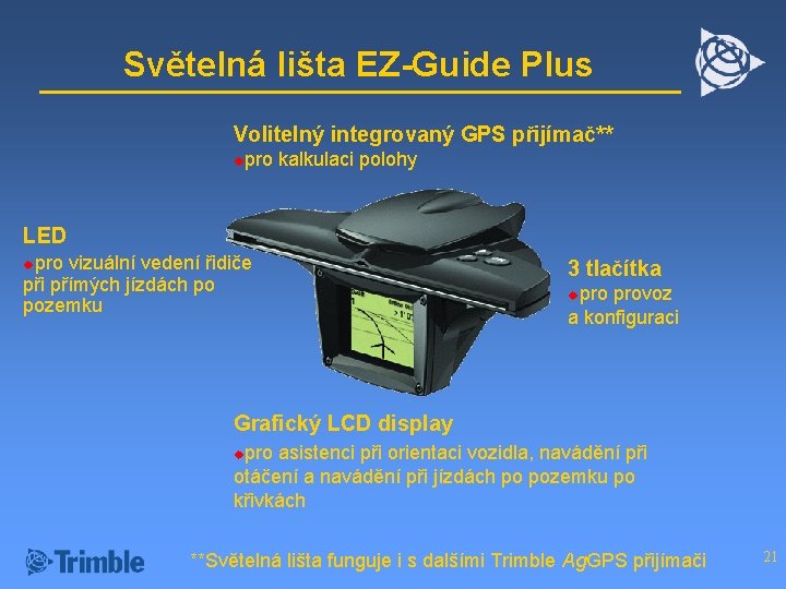 Světelná lišta EZ-Guide Plus Volitelný integrovaný GPS přijímač** pro kalkulaci polohy u LED pro