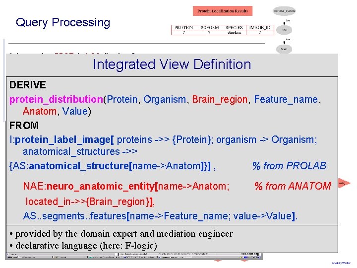 Query Processing Integrated View Definition DERIVE protein_distribution(Protein, Organism, Brain_region, Feature_name, Anatom, Value) FROM I: