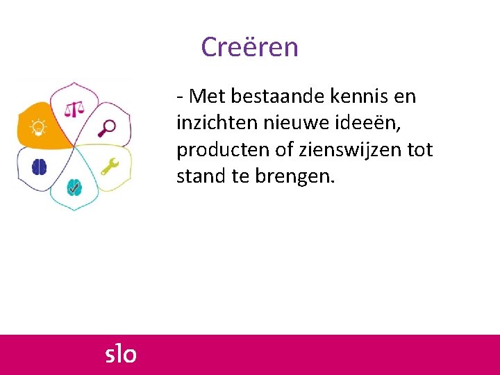 Creëren - Met bestaande kennis en inzichten nieuwe ideeën, producten of zienswijzen tot stand