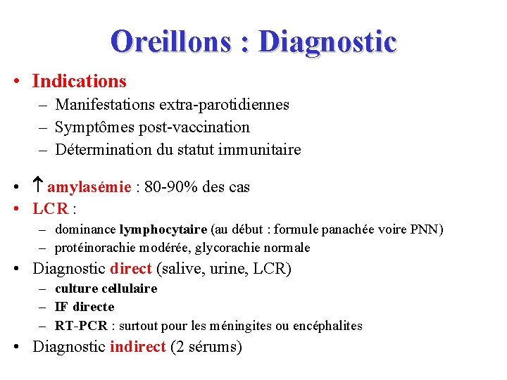 Oreillons : Diagnostic • Indications – Manifestations extra-parotidiennes – Symptômes post-vaccination – Détermination du