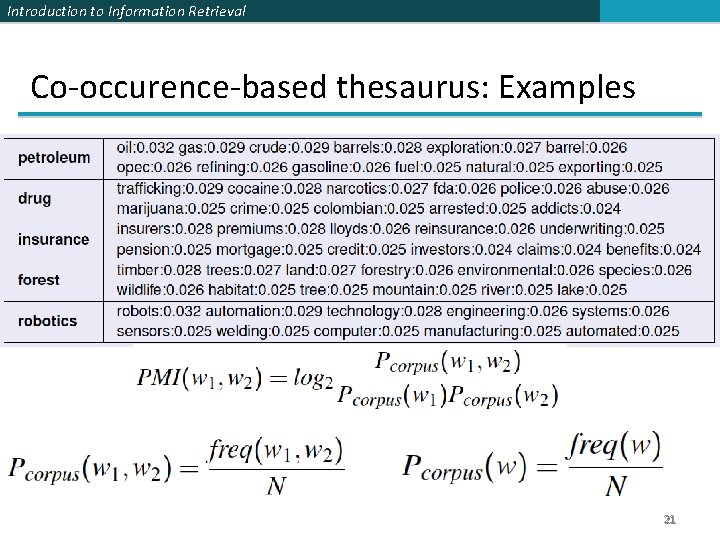 Introduction to Information Retrieval Co-occurence-based thesaurus: Examples 21 