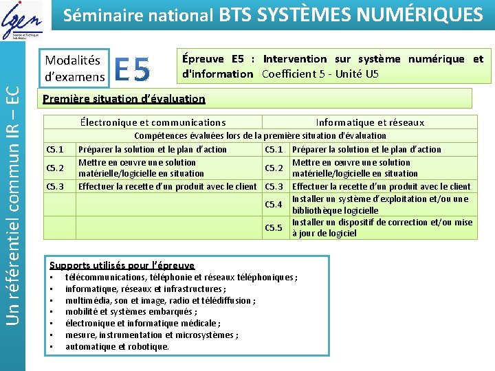 Séminaire national BTSde SYSTÈMES Eléments constat NUMÉRIQUES Un référentiel commun IR – EC Modalités