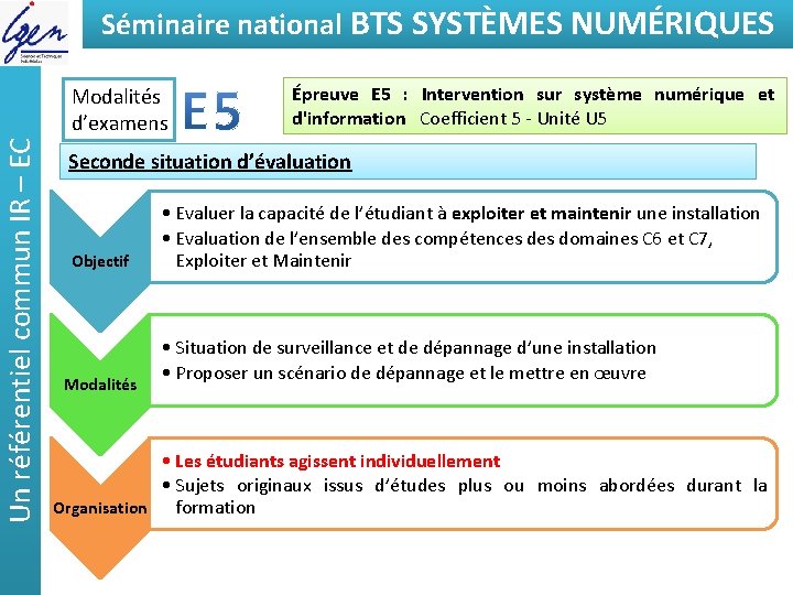 Séminaire national BTSde SYSTÈMES Eléments constat NUMÉRIQUES Un référentiel commun IR – EC Modalités