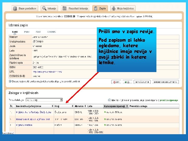 Prišli smo v zapis revije. Pod zapisom si lahko ogledamo, katere knjižnice imajo revijo
