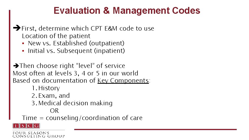 Evaluation & Management Codes First, determine which CPT E&M code to use Location of