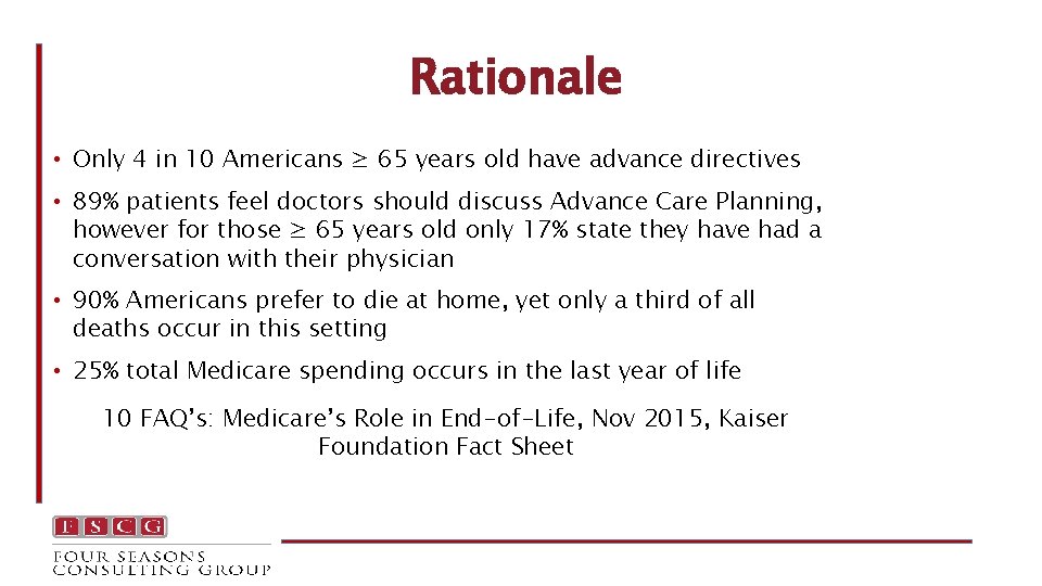 Rationale • Only 4 in 10 Americans ≥ 65 years old have advance directives