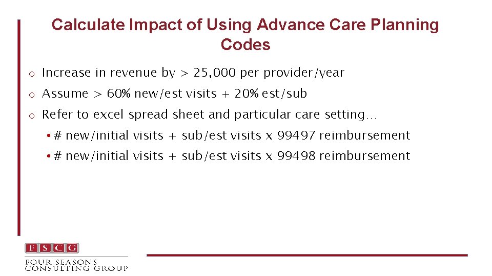 Calculate Impact of Using Advance Care Planning Codes o Increase in revenue by >