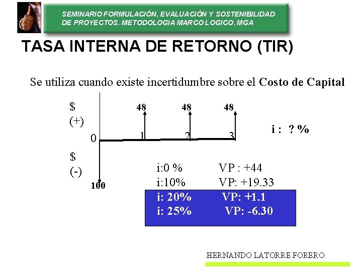 SEMINARIO FORMULACIÓN, EVALUACIÓN Y SOSTENIBILIDAD DE PROYECTOS. METODOLOGIA MARCO LOGICO. MGA TASA INTERNA DE