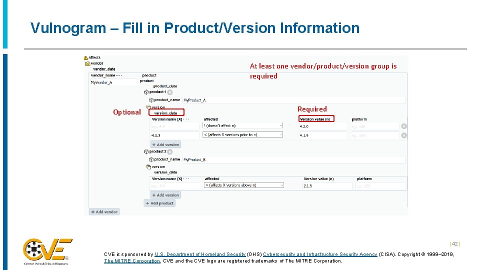 Vulnogram – Fill in Product/Version Information At least one vendor/product/version group is required Optional