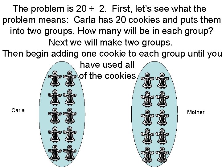 The problem is 20 ÷ 2. First, let’s see what the problem means: Carla