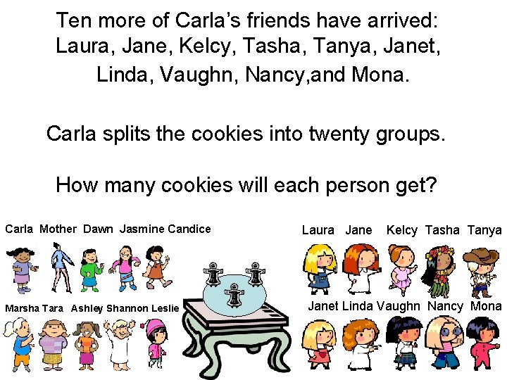 Ten more of Carla’s friends have arrived: Laura, Jane, Kelcy, Tasha, Tanya, Janet, Linda,