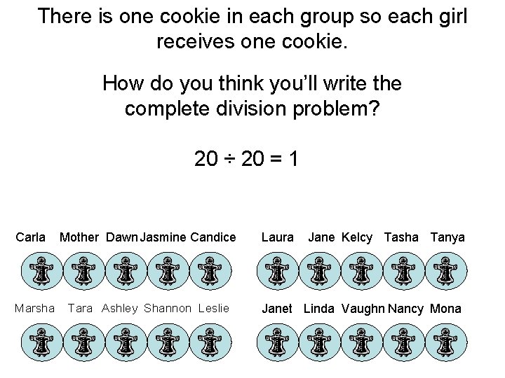 There is one cookie in each group so each girl receives one cookie. How