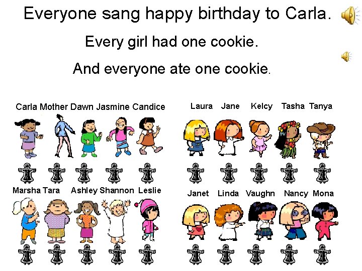 Everyone sang happy birthday to Carla. Every girl had one cookie. And everyone ate