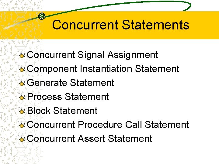 Concurrent Statements Concurrent Signal Assignment Component Instantiation Statement Generate Statement Process Statement Block Statement