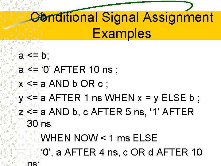 Conditional Signal Assignment Examples a <= b; a <= ‘ 0’ AFTER 10 ns