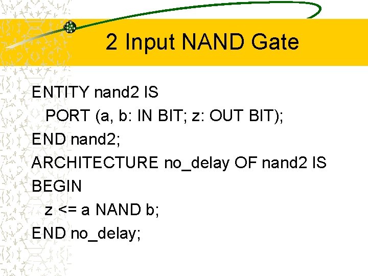 2 Input NAND Gate ENTITY nand 2 IS PORT (a, b: IN BIT; z: