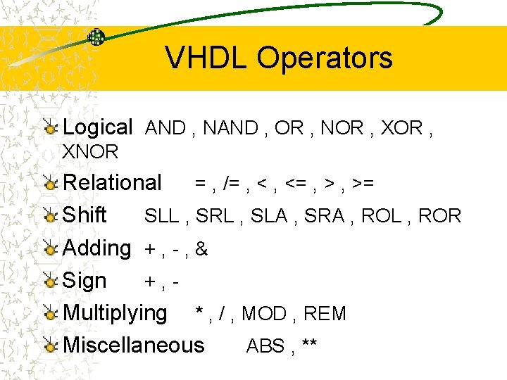 VHDL Operators Logical AND , NAND , OR , NOR , XNOR Relational =