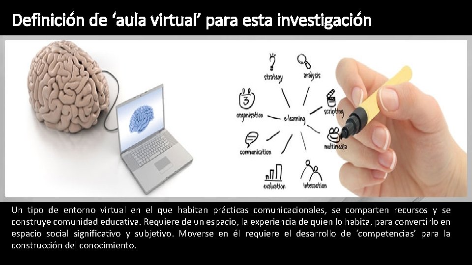 Definición de ‘aula virtual’ para esta investigación Un tipo de entorno virtual en el