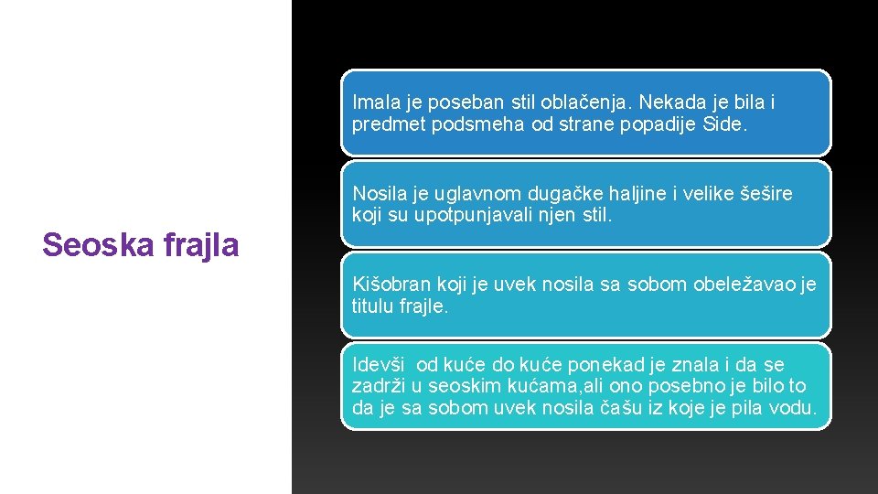 Imala je poseban stil oblačenja. Nekada je bila i predmet podsmeha od strane popadije
