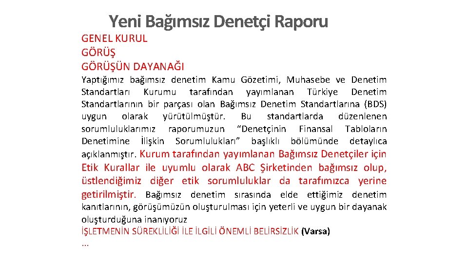 Yeni Bağımsız Denetçi Raporu GENEL KURUL GÖRÜŞÜN DAYANAĞI Yaptığımız bağımsız denetim Kamu Gözetimi, Muhasebe