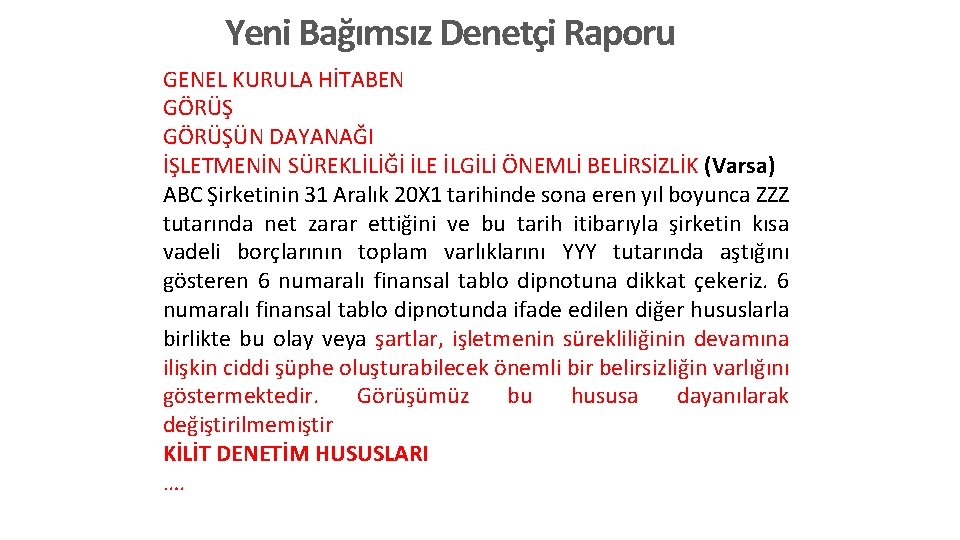 Yeni Bağımsız Denetçi Raporu GENEL KURULA HİTABEN GÖRÜŞÜN DAYANAĞI İŞLETMENİN SÜREKLİLİĞİ İLE İLGİLİ ÖNEMLİ