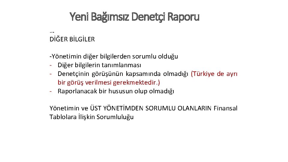 Yeni Bağımsız Denetçi Raporu … DİĞER BİLGİLER -Yönetimin diğer bilgilerden sorumlu olduğu - Diğer