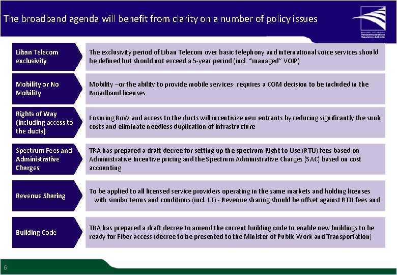 The broadband agenda will benefit from clarity on a number of policy issues 6