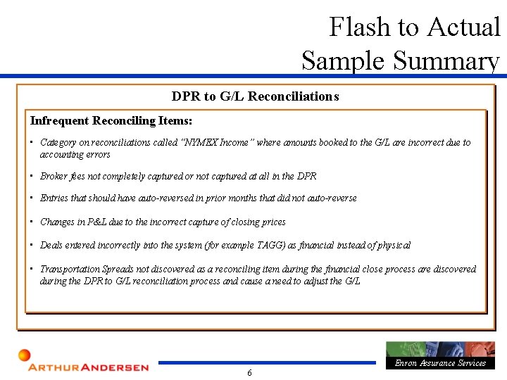 Flash to Actual Sample Summary DPR to G/L Reconciliations Infrequent Reconciling Items: • Category